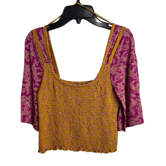 Free People Marigold Smocked Crop Top Golden Combo NWT XS - Picture 5 of 11